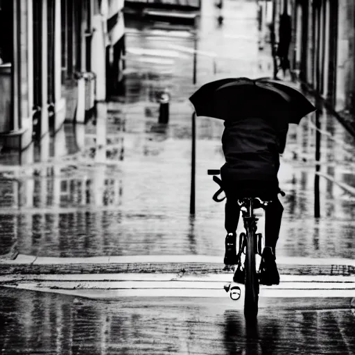 Image similar to a delivery guy wearing red jacket cycling in black and white street, rainy weather, 4 k, realistic, trending on artstation