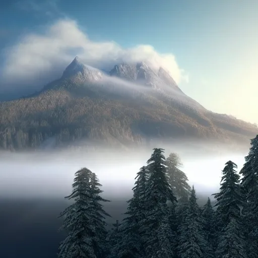 Image similar to still shot of a mountain covered in morning fog, highly detailed, photorealistic portrait, bright studio setting, studio lighting, crisp quality and light reflections, unreal engine 5 quality render