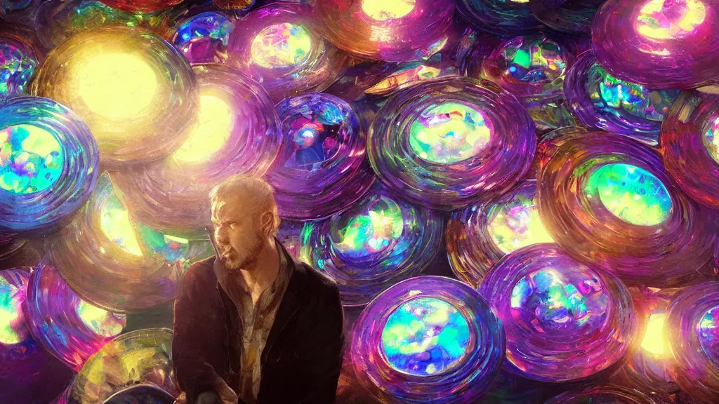 Image similar to swarm of colorful glowing iridescent discs surrounding an english man, by greg rutkowski