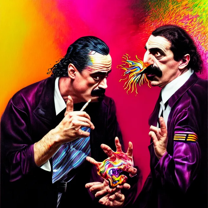 Image similar to bright psychedelic mike patton eating frank zappa who is puking hitler, diffuse lighting, fantasy, intricate, elegant, highly detailed, lifelike, photorealistic, digital painting, artstation, illustration, concept art, smooth, sharp focus, art by francis bacon