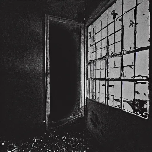 Prompt: an errie photo of a demons face peering at the camera inside of an abandoned school at midnight, eerie, grainy footage, liminal space, trevor henderson,