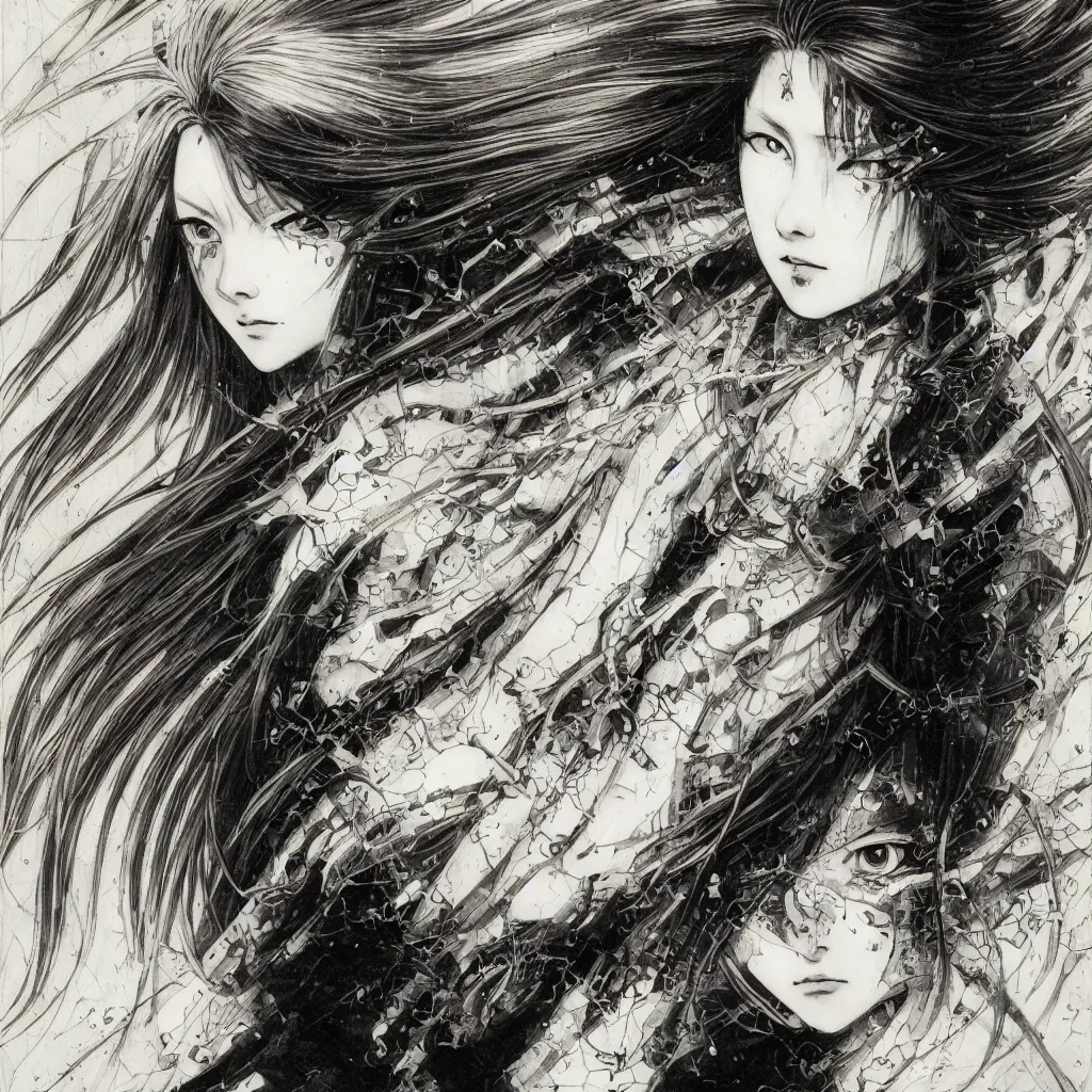 Image similar to Yoshitaka Amano realistic illustration of an anime girl with black eyes, wavy white hair fluttering in the wind and cracks on her face wearing elden ring armor with engraving, abstract black and white patterns on the background, noisy film grain effect, highly detailed, Renaissance oil painting, weird portrait angle, blurred lost edges, three quarter view