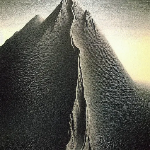 Image similar to A mountain look like a women, by Artgem and Zdzislaw Beksinski