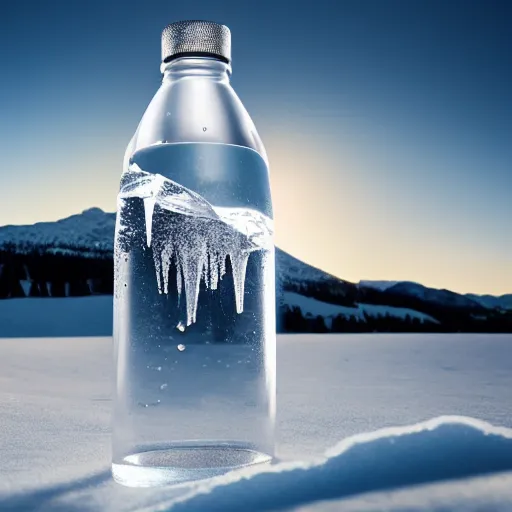 Prompt: an award - winning advertisement photo of a water crystal bottle with a snowy mountain and ice, drammatic lighting, sigma 5 0 mm, ƒ / 8, behance