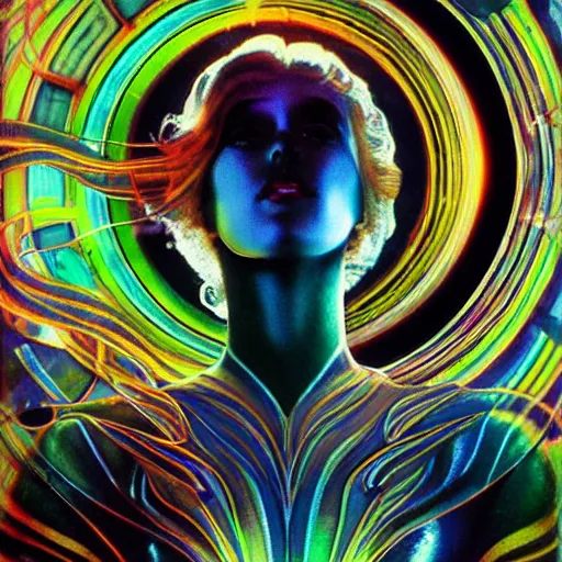 Image similar to extremely beautiful futuristic super schizophrenic psychedelic prismatic superhuman, lush detail, national geographic, steichen, herb ritts, roger deakins, anne leibovitz, alphonse mucha, art deco, sharp focus, ultra - realistic, hyperrealism, psychosis, beautiful psychotic radiant madwoman, super schizophrenic superhuman superhero, illuminated, volumetric light