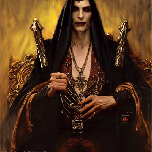 Image similar to perfectly centered portrait of attractive vampire king in a robe sitting on a throne of bones, highly detailed painting by gaston bussiere, craig mullins, j. c. leyendecker, 8 k