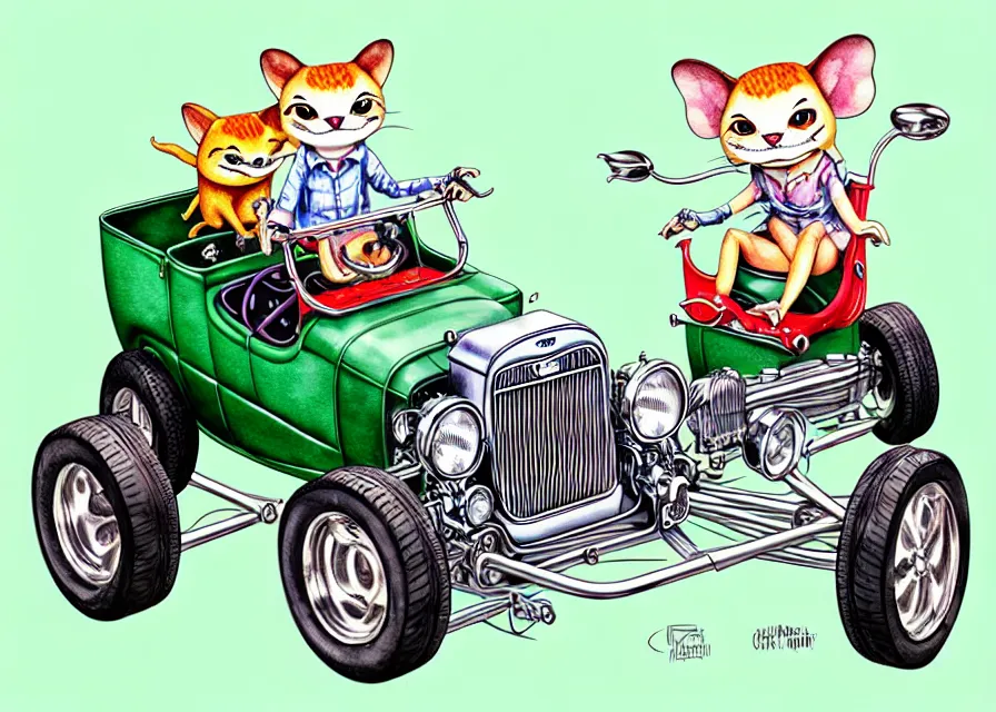 Image similar to cute and funny, margay riding in a tiny 1 9 2 3 ford t - bucket with oversized engine, ratfink style by ed roth, centered award winning watercolor pen illustration, isometric illustration by chihiro iwasaki, edited by range murata, tiny details by artgerm and watercolor girl, symmetrically isometrically centered