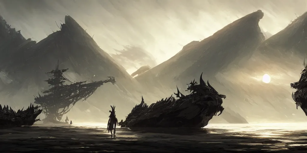 Prompt: Three majestic elven ships at the pristine beach, small camp is built beside. In style of Yoji Shinkawa and Hyung-tae Kim, trending on ArtStation, Greg Rutkowski, dark fantasy, great composition, concept art, highly detailed, scenery, 8K.