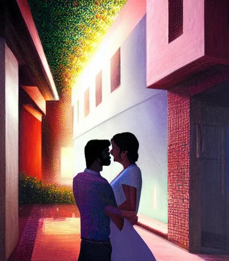 Image similar to lovers in the dark. art by salman toor. global illumination, radiant light, detailed and intricate environment, atmospheric light, cinematic, saatchi art