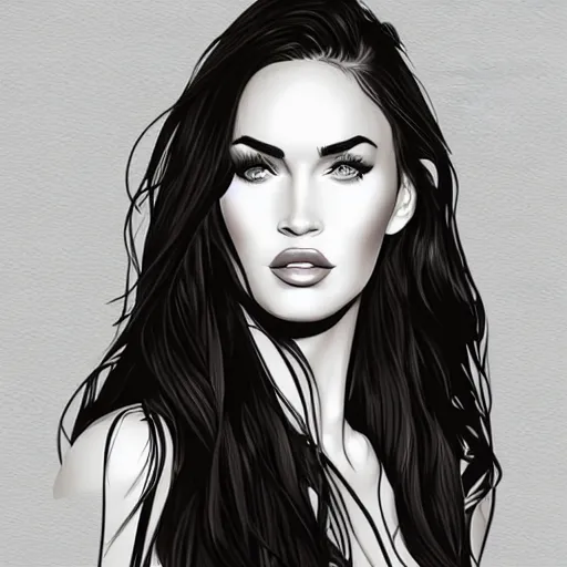 Prompt: megan fox portrait by arunas kacinskas, sketch, pencils, inl, minimalistic, procreate, digital illustration, vector illustration