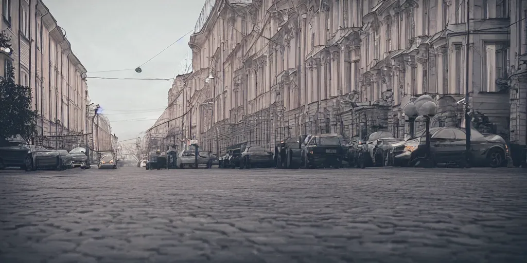 Image similar to cinematic street shot of a antigravity saint petersburg city in the moon, orbit city, telephoto, anamorphic cinematography, beautiful composition, color theory, leading lines, photorealistic, moody volumetric lighting