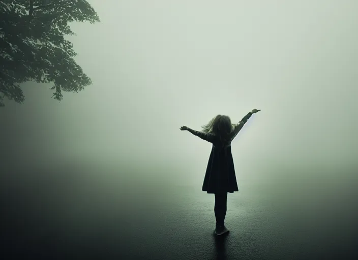 Prompt: girl stretches her hands to the light, fog, rain, volumetric lighting, beautiful, sharp focus, ultra detailed, jan urschel, dylan cole, marthe jonkers, james paick, thierry doizon, kai carpenter, ignacio fernandez rios, noir art house, 4 k, 3 5 mm, fujifilm