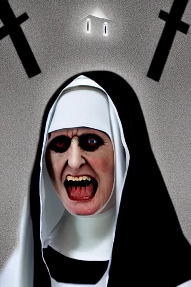 Prompt: Mad nun in a white mask, unsettling church, crucifix, art