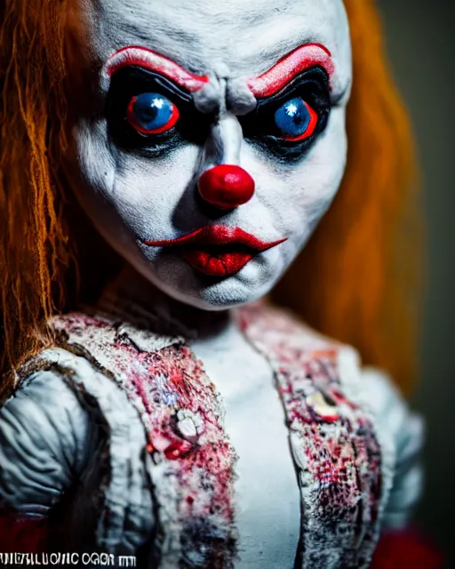 Prompt: a creepy paper mache doll of a scary clown, realistic, very detailed, complex, intricate, studio lighting, bokeh, sigma 5 0 mm f 1. 4