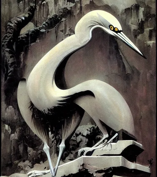 Prompt: the shrine of the heron by Frank Frazetta, trending on tumblr, HD, detailed, cubism, monochrome