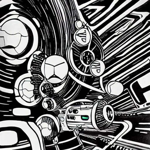 Prompt: sci - fi art in the style of mike hinge