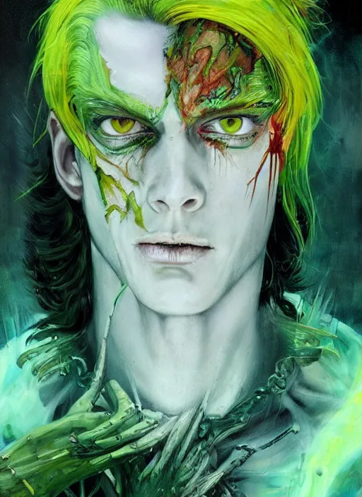 Image similar to a Demon Slayer portrait of Johnny Silverhand, tall, pale-skinned, slender with lime green eyes and long eyelashes by Stanley Artgerm, Tom Bagshaw, Arthur Adams, Carne Griffiths, trending on Deviant Art, street art, face enhance, chillwave, maximalist, full of color, glittering