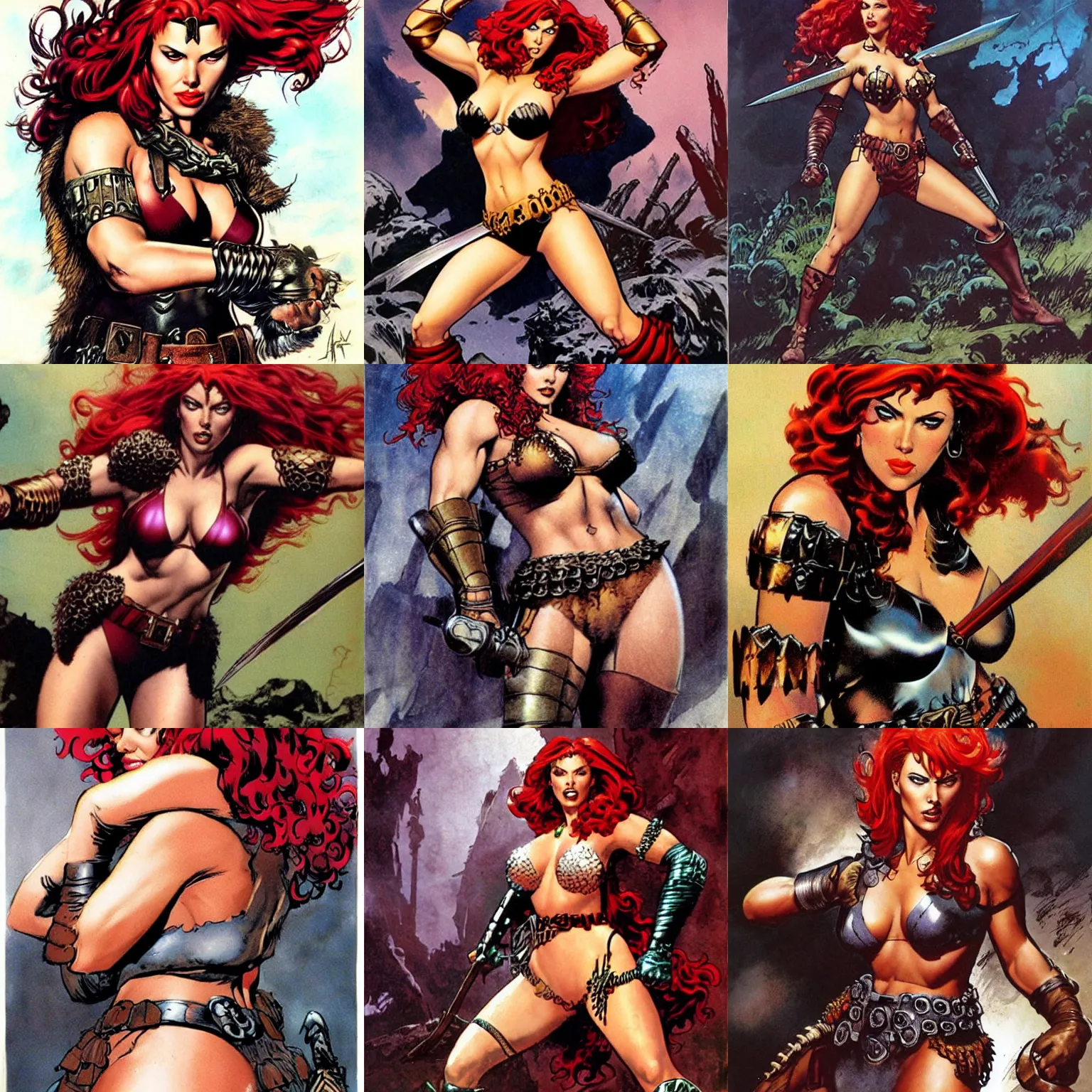 Prompt: scarlett johansson is red sonja by frank frazetta, simon bisley, brom