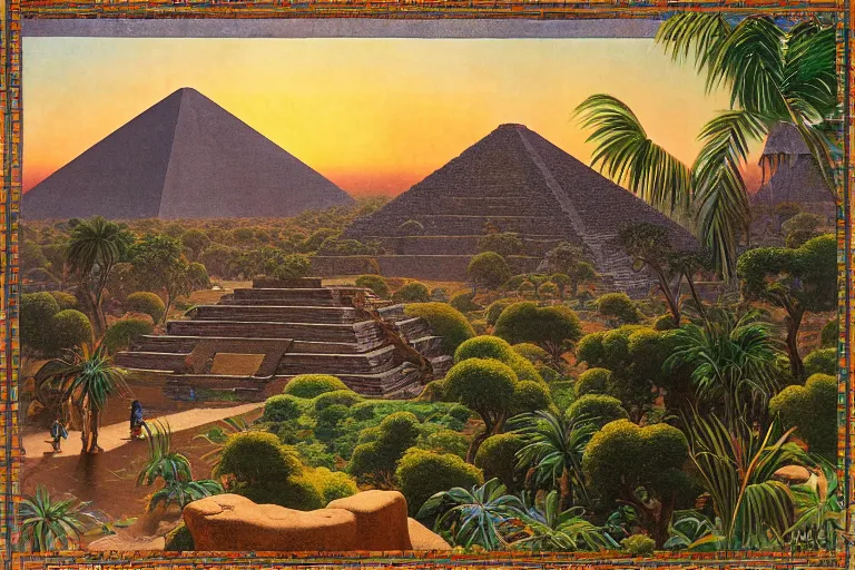 Image similar to painting of a the aztec pyramids, jungle, sunset, chill, romantic, by ludwig deutsch and maxfield parrish, patterned tilework, extremely detailed, cinematic lighting, smooth sharp focus