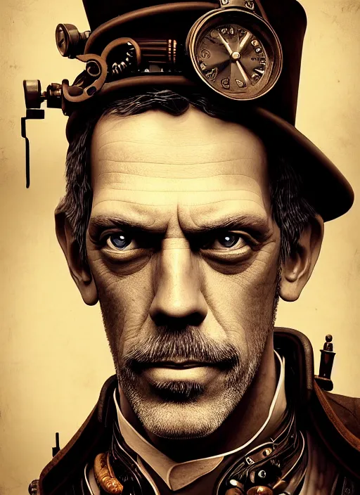 Image similar to steampunk portrait of hugh laurie, au naturel, hyper detailed, digital art, trending in artstation, cinematic lighting, studio quality, smooth render, unreal engine 5 rendered, octane rendered, art style by klimt and nixeu and ian sprigger and wlop and krenz cushart.