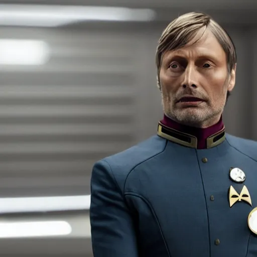 Prompt: Mads Mikkelsen wearing his starfleet captains uniform