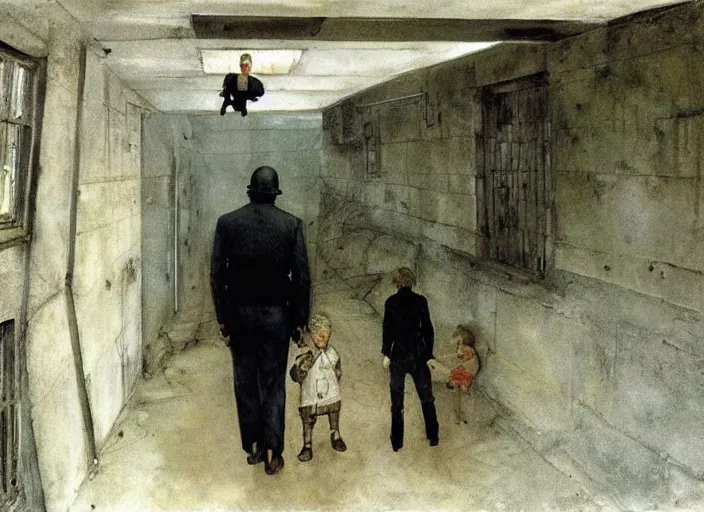 Image similar to dark alley with a poor child being arrested by a futuristic cop with children all around him, painting by andrew wyeth and alan lee, very detailed, somber mood,