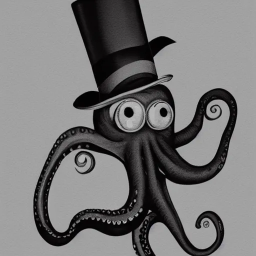 Image similar to an octopus wearing a tophat and smoking a cigarette, chiaroscuro, medium shot, cinematic promo material