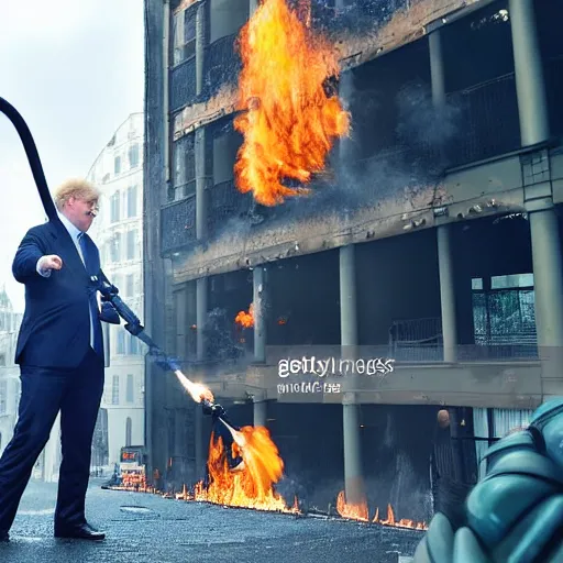 Image similar to Boris Johnson Weilding A flamethrower, firing it into a building, medium shot photo 8k ultrahd