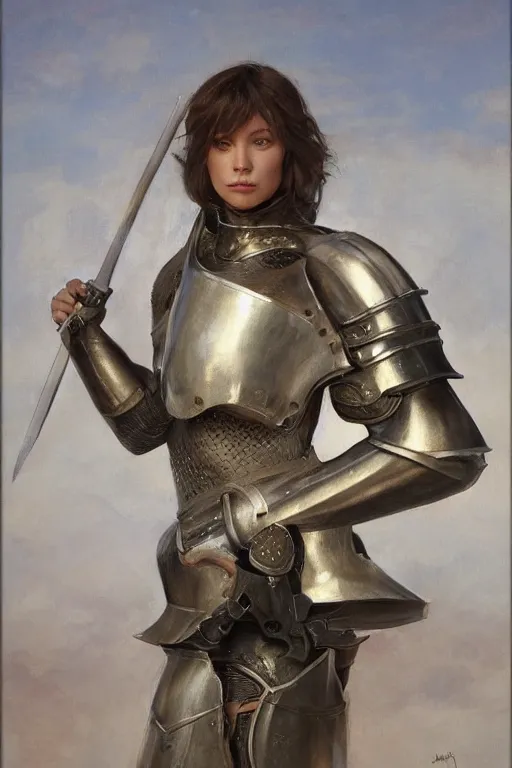 Image similar to an upper body portrait of a female knight, oil painting, by ross tran and and Edgar Maxence and julie bell