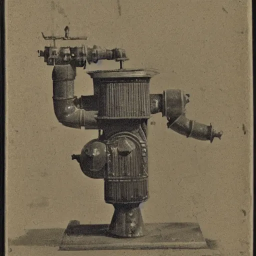 Prompt: an 18th century sepia photographic portrait of a steam robot