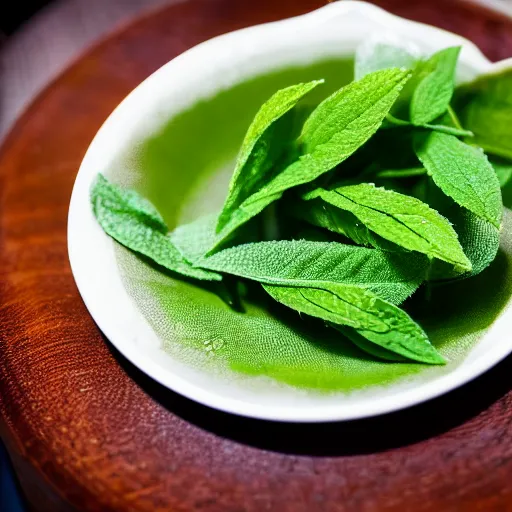 Image similar to a salvia divinorum plant served at a fancy restaraunt on a fancy plate, gorgeous depth of field proffessional food photography