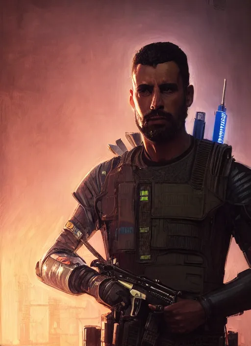 Prompt: saladin. cyberpunk police trooper in a military vest ( blade runner 2 0 4 9, cyberpunk 2 0 7 7 ). orientalist portrait by john william waterhouse and james gurney and theodore ralli and nasreddine dinet, oil on canvas. cinematic, hyper realism, realistic proportions, dramatic lighting, high detail 4 k