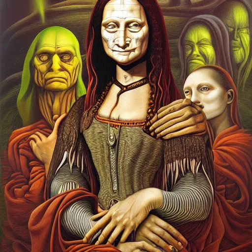 Image similar to monalisa by jacek yerka, alex gray, zdzisław beksiński, dariusz zawadzki, jeffrey smith and h.r. giger, oil on canvas, 8k highly professionally detailed, trending on artstation