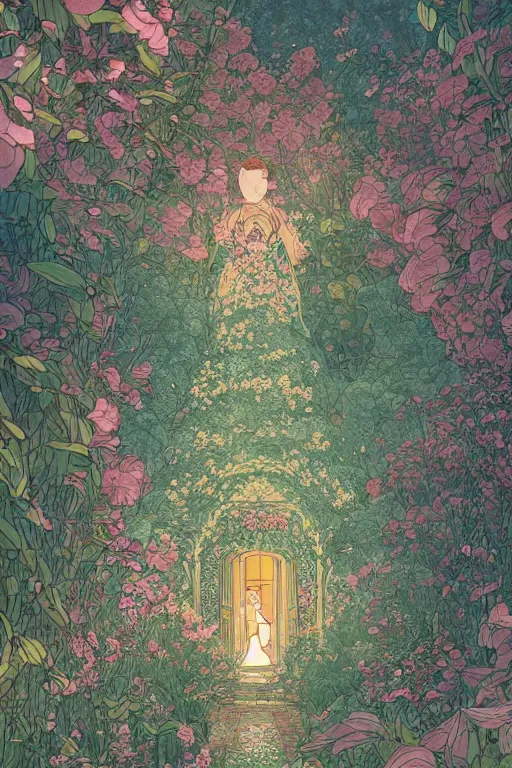 Image similar to a beautiful hyperdetailed 2 d illustration victo ngai style of absolutely beautiful blooming flower house alone, perfectly shaded, atmospheric lighting, style of studio ghibli, makoto shinkai, raphael lacoste, louis comfort tiffany, artgerm, james jean, ross tran, chinese style