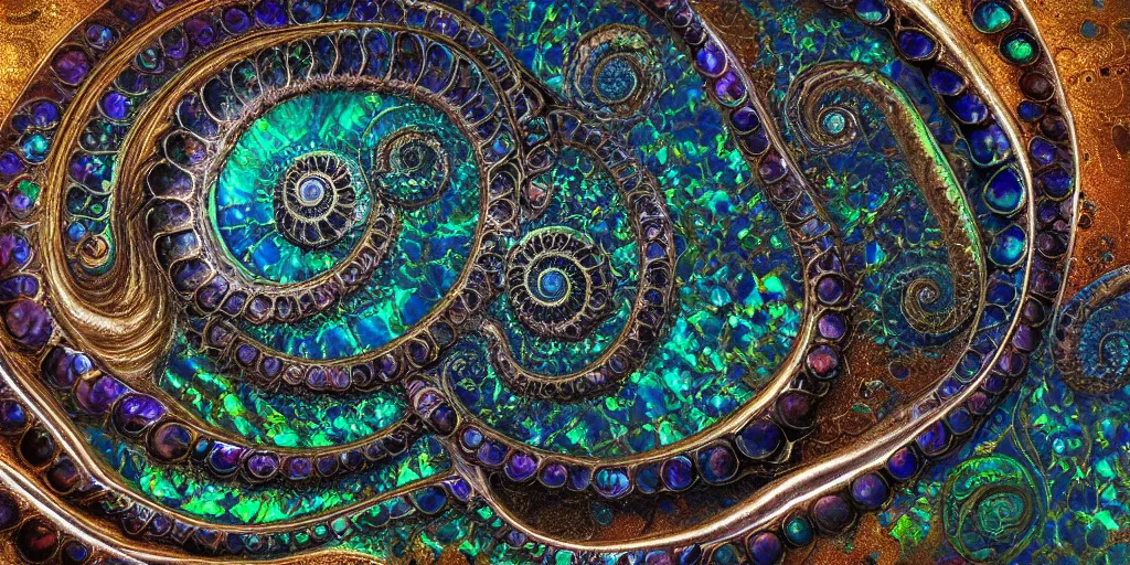 Image similar to art nouveau cresting oil slick waves, ammonite, hyperdetailed bubbles in a shiny iridescent oil slick wave, black opals, ornate copper patina spiral ornament, rococo, organic rippling spirals, hyperdetailed photorealistic ultrasharp octane render