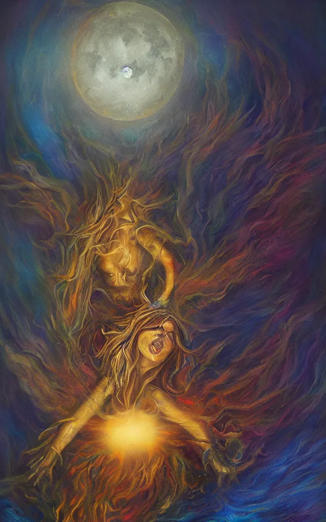 Image similar to iridescent spirit of wrath and fear cruel beautiful spirit with golden eye lunar mythos ambient fog, award winning oil painting, lunar color palette