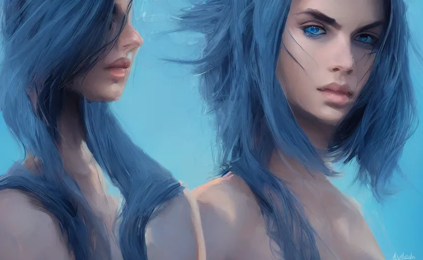 Image similar to A portrait of a beautiful woman in desert, blue color scheme, SFW, trending on artstation, cgsociety