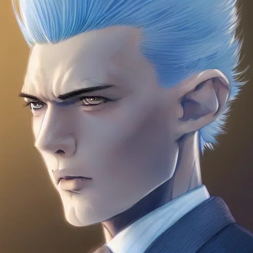 Prompt: semi realistic anime illustration of short slick backed white haired man, wearing dark blue suit, with beautiful hyperdetailed sky blue eyes, facing camera directly, full face portrait made by Stanley Artgerm, WLOP, Rossdraws, James Jean Andrei Riabovitchev, Marc Simonetti, Yoshitaka Amano, Artstation