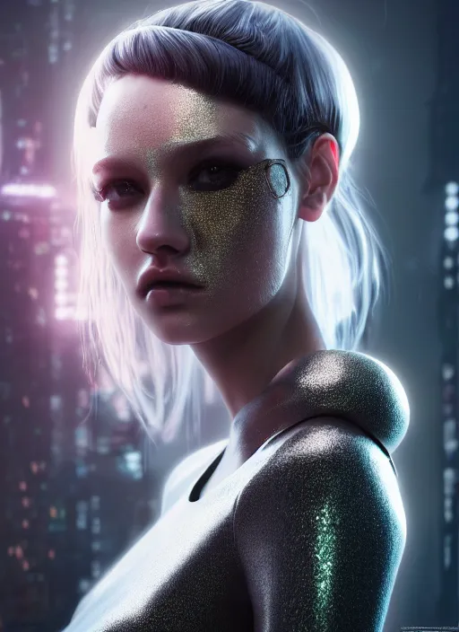 Image similar to 3 / 4 portrait, emma bot queen, crown, futuristic fashion clothing, brunette, long hair, id magazine, hyperrealism, detailed textures, photorealistic, 3 d cyberpunk apocalyptic city, ultra realistic, cinematic, intricate, cinematic light, unreal engine 8 k, octane render, unreal engine, david kostic, artgerm