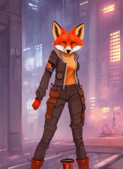 Prompt: stylized commission of a beautiful portrait of a female anthro fox fursona wearing mechanic clothes in a industrial cyberpunk city. character design by Kinoshita Jiroh, Hyaku. Detailed, soft lighting, rendered in octane