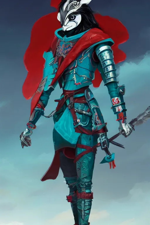 Image similar to female adventurer in tight full - body teal leather armor of japanese design with red accents and a white porcelain crow mask, trending in artstation, japanese, artstation, big moon in the background, establishing shot