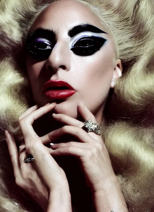 Image similar to lady gaga in a 1 9 6 0 s themed photoshoot, nick knight, dark, posing, style, vogue magazine, highly realistic. high resolution. highly detailed. dramatic. 8 k. 4 k.