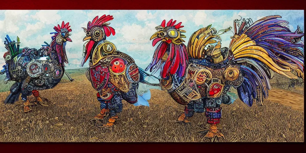 Prompt: colorful illustration of a fully armoured mechanical rooster in a farm landscape, steampunk, mix of styles, hand painted, hand drawn, sharp focus