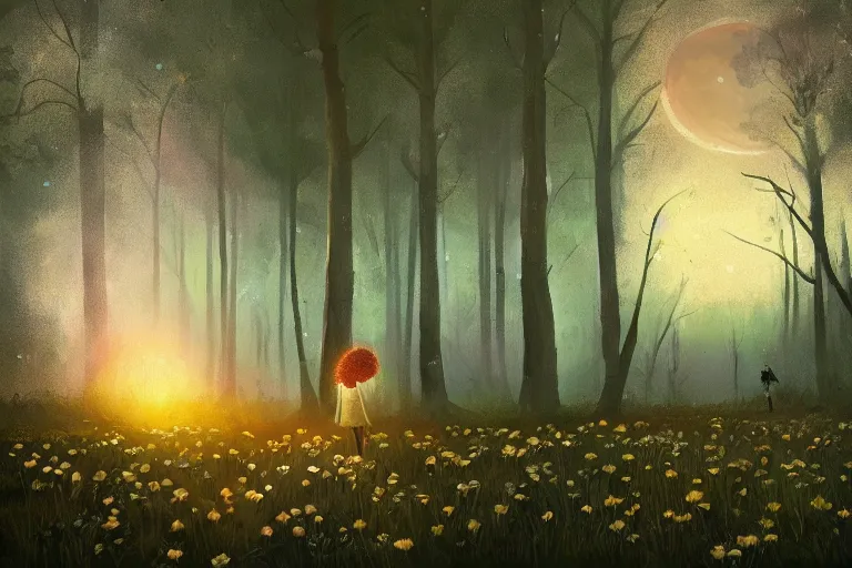 Prompt: giant daisy flower over head, girl walking in thick forest, surreal photography, dark night, stars, moon light, impressionist painting, clouds, digital painting, artstation, simon stalenhag