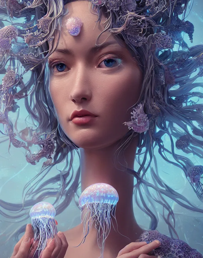 Image similar to goddess portrait. jellyfish orchid phoenix head. intricate artwork by Tooth Wu and wlop and beeple and dan mumford. octane render, trending on artstation, greg rutkowski very coherent symmetrical artwork. cinematic, hyper realism, high detail, octane render, 8k, depth of field, bokeh