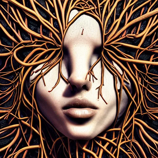 Prompt: digital art, Abstract art, portrait of humain female body made of roots, intricate roots, trending on artstation, -640