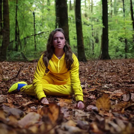 Prompt: young female wearing a yellow velor sweat suit lying dead on the ground in a forest. She is mostly covered by dark colored leaves and twigs