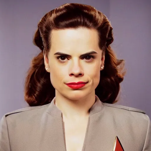Image similar to a beautiful full body photograph of younger hayley atwell as a star fleet officer from star trek next generation, full dress uniform, smaller lips, symmetrical face, extreme realism and detail, 8 k, completely framed, direct lighting, 3 5 mm photo, photorealistic, sharp focus