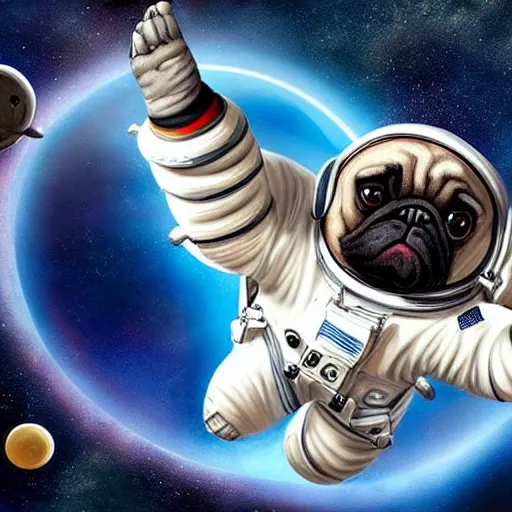 Prompt: hyper realistic, highly detailed, astronaut pug in space. solar eclipse in back.