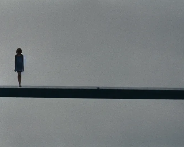 Image similar to a still of a young woman standing on a huge concrete white deck, high above the ground, of a minimalist brutalist beach house, wide angle, clear sky and background, in the music video Wrapped Around your Finger (1983)